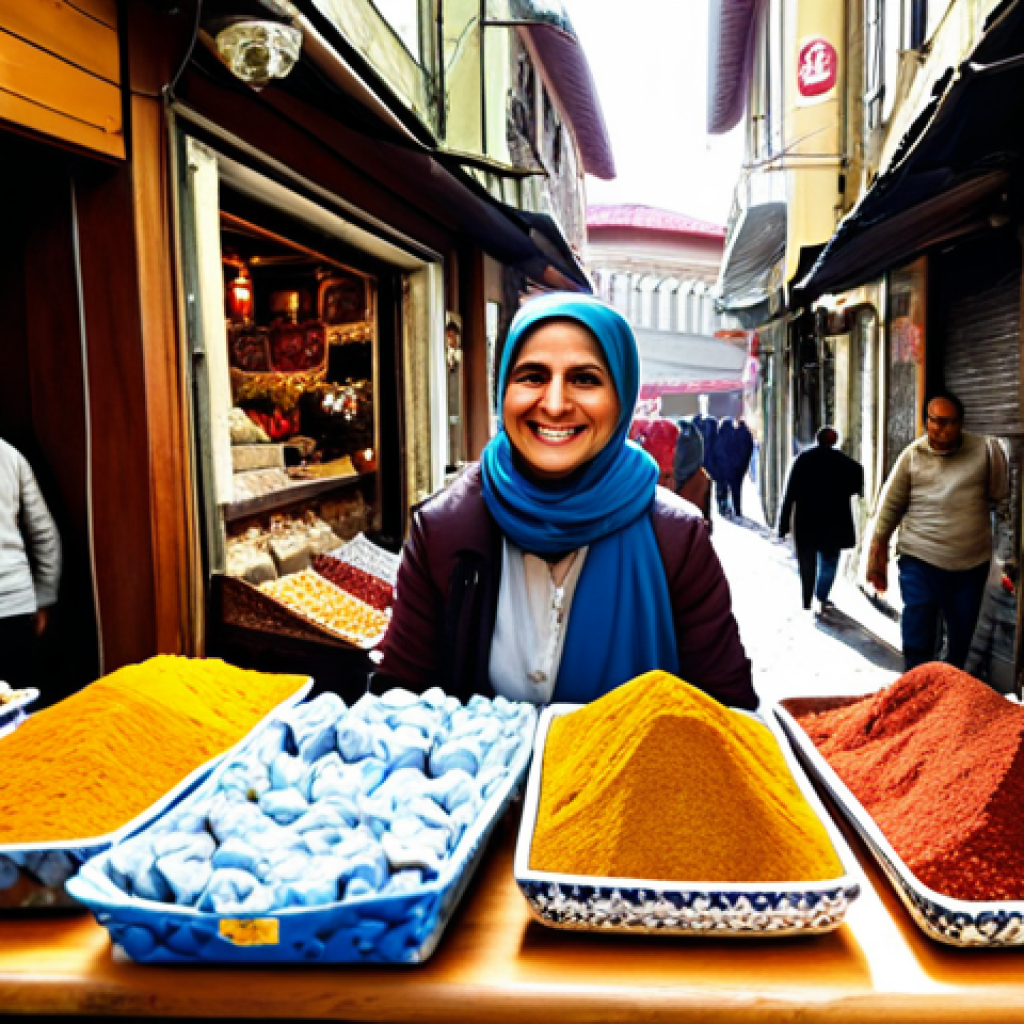 **A vibrant Turkish street market scene in Istanbul:** Sunlight streams through an arched Ottoman-style alleyway, illuminating stalls overflowing with colorful spices, traditional ceramics, and shimmering silk scarves. A local vendor, with a friendly smile, offers a sample of lokum (Turkish delight) to a passerby. In the foreground, a small stack of Turkish Lira banknotes and coins rests on a wooden counter, indicating the lively commerce. The atmosphere is bustling and authentic, with a mix of old and new.