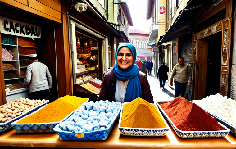**A vibrant Turkish street market scene in Istanbul:** Sunlight streams through an arched Ottoman-style alleyway, illuminating stalls overflowing with colorful spices, traditional ceramics, and shimmering silk scarves. A local vendor, with a friendly smile, offers a sample of lokum (Turkish delight) to a passerby. In the foreground, a small stack of Turkish Lira banknotes and coins rests on a wooden counter, indicating the lively commerce. The atmosphere is bustling and authentic, with a mix of old and new.