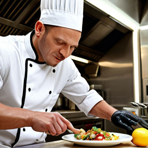**

Bionic arm chef in a five-star hotel kitchen, confidently preparing a dish, showcasing the arm's functionality. Focus on the chef's expression of accomplishment and the modern kitchen setting.

**