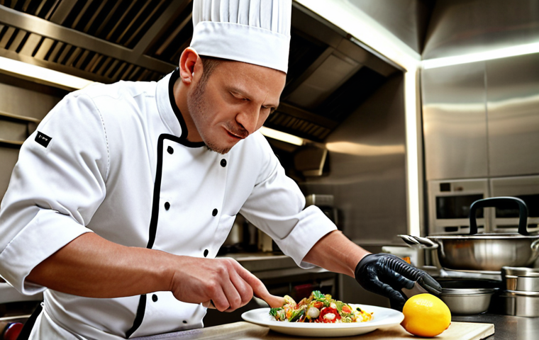 **
Bionic arm chef in a five-star hotel kitchen, confidently preparing a dish, showcasing the arm's functionality. Focus on the chef's expression of accomplishment and the modern kitchen setting.
**