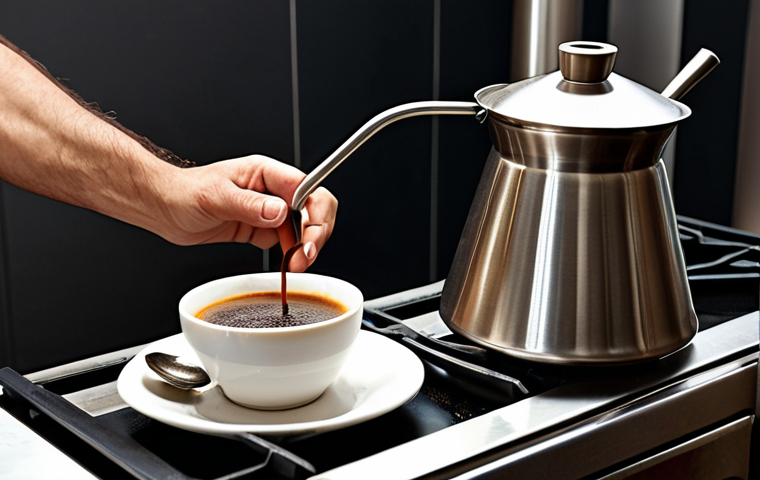**A modern, sleek bionic arm made of titanium alloy, assisting a person in Izmir to prepare a traditional Turkish coffee (Türk kahvesi) using a cezve on a gas stove.** (Focus: Modern technology, Turkish culture, daily life assistance).